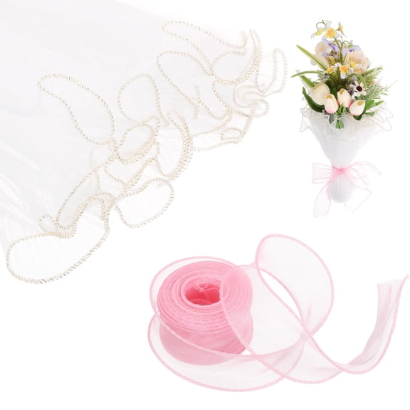 4 Yards Flower Wrapping Mesh Paper Golden Edge Bouquet Floral Packaging Paper with Organza Ribbon for Valentine's Day Wedding Birthday Florist Supplies, White Gold/Light Pink