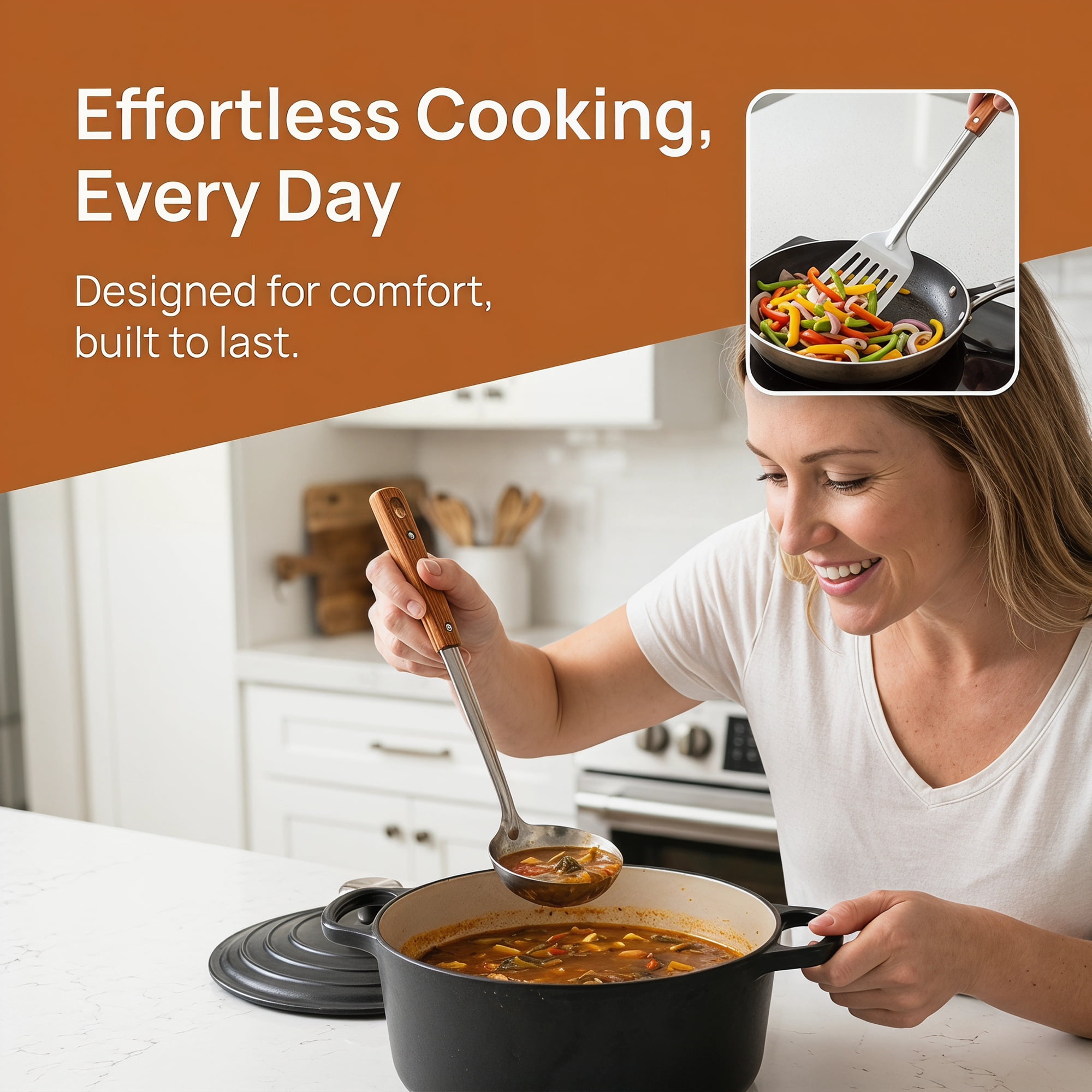 Unique Bargains Cooking Utensil Set, Stainless Steel Kitchen Gadgets Silver-Wood D 4pcs