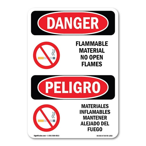 OSHA Danger Sign - Flammable Materials No Open Flames Bilingual | Decal | Protect Your Business, Construction Site, Shop Area |  Made in The USA