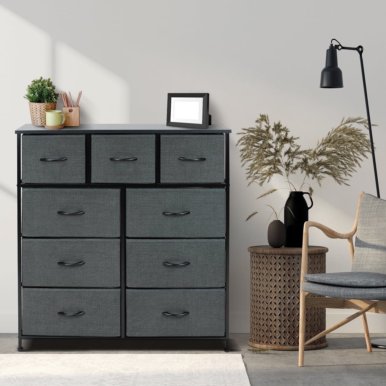 Sorbus 9-Drawer Dresser Nightstand End Table, Steel Frame, Wood Top, Black