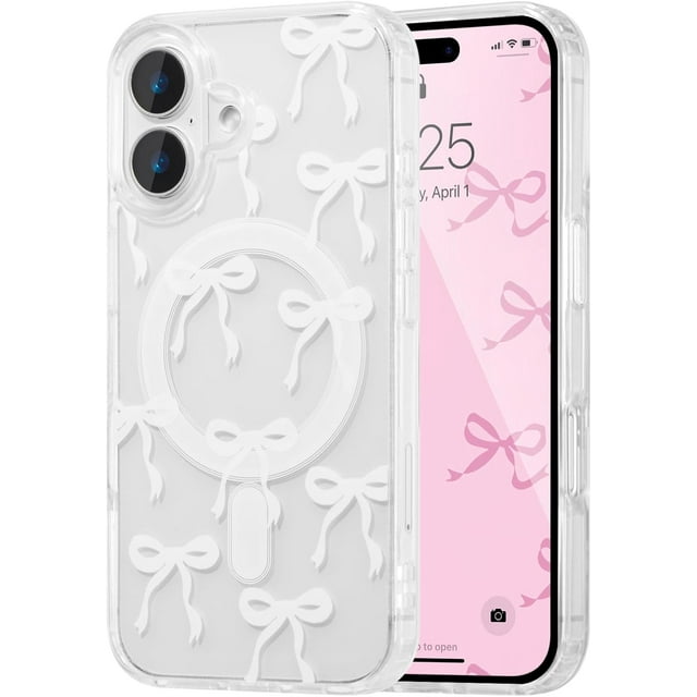 kmek7-Magnetic for iPhone 17 Case, Bow Case Compatible with MagSafe, Wireless Slim Clear Ribbon Aesthetic Phone Cover Anti-Yellowing Shockproof Protective Cover for Women Girl - White