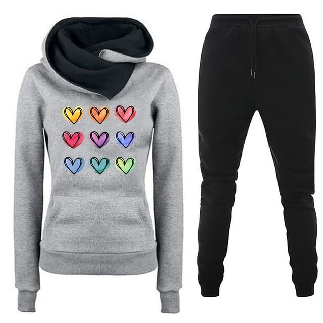 Aqestyerly Ensembles à Manches Longues pour Femmes Chandail Imprimé à Capuche à Col Rond à Manches Longues et Pantalon Ensemble Deux Pièces