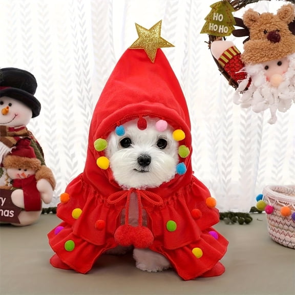Christmas Tree Elf Costume for Small Dogs Cats, Red Pet Cloak with Star Pompoms, Xmas Holiday Party Outfit for Puppies Kittens