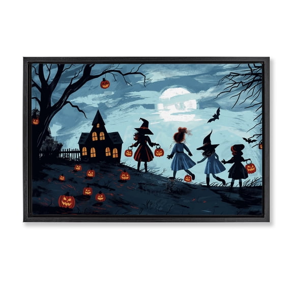 Stupell Industries Witch Trick Or Treaters People Painting Black Floater Framed Canvas Art Print Wall Art, 25 x 17