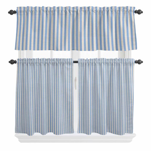 3 Piece Kitchen Curtains and Valances Set Blue Striped Cafe Curtains 24 Inch Length Modern Simple Farmhouse Beige Vintage Valance & Tier Curtain for Living Room Bedroom Small Window 54"x18" 27"x24"*2