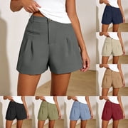 Favoffer Women Summer Pleated Bermuda Shorts Elastic High Waist Belted Bottoms Pocketed Loose Breathable Pants Casual for Office Outdoor Daily