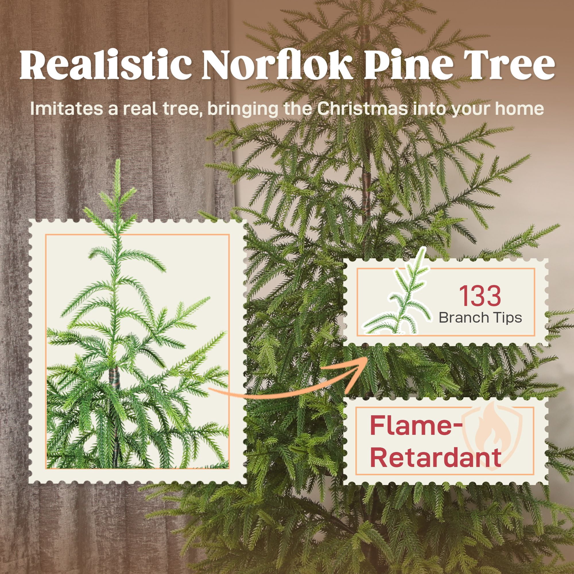 Artificial Christmas Tree Set of 2, 4 ft Norfolk Pine with 133 Molded Tips and Pot Base, Easy Assembly for Indoor and Covered Outdoor Spaces