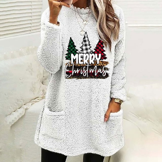 FcBaudy Hauts pour Femmes, Blouses & Chemises à Manches Longues Col Rond, Chemises pour Femmes Blouse de Noël Col Rond et Hiver Ample Imprimé Poche Chaude Manches Longues Blouse pour Femmes