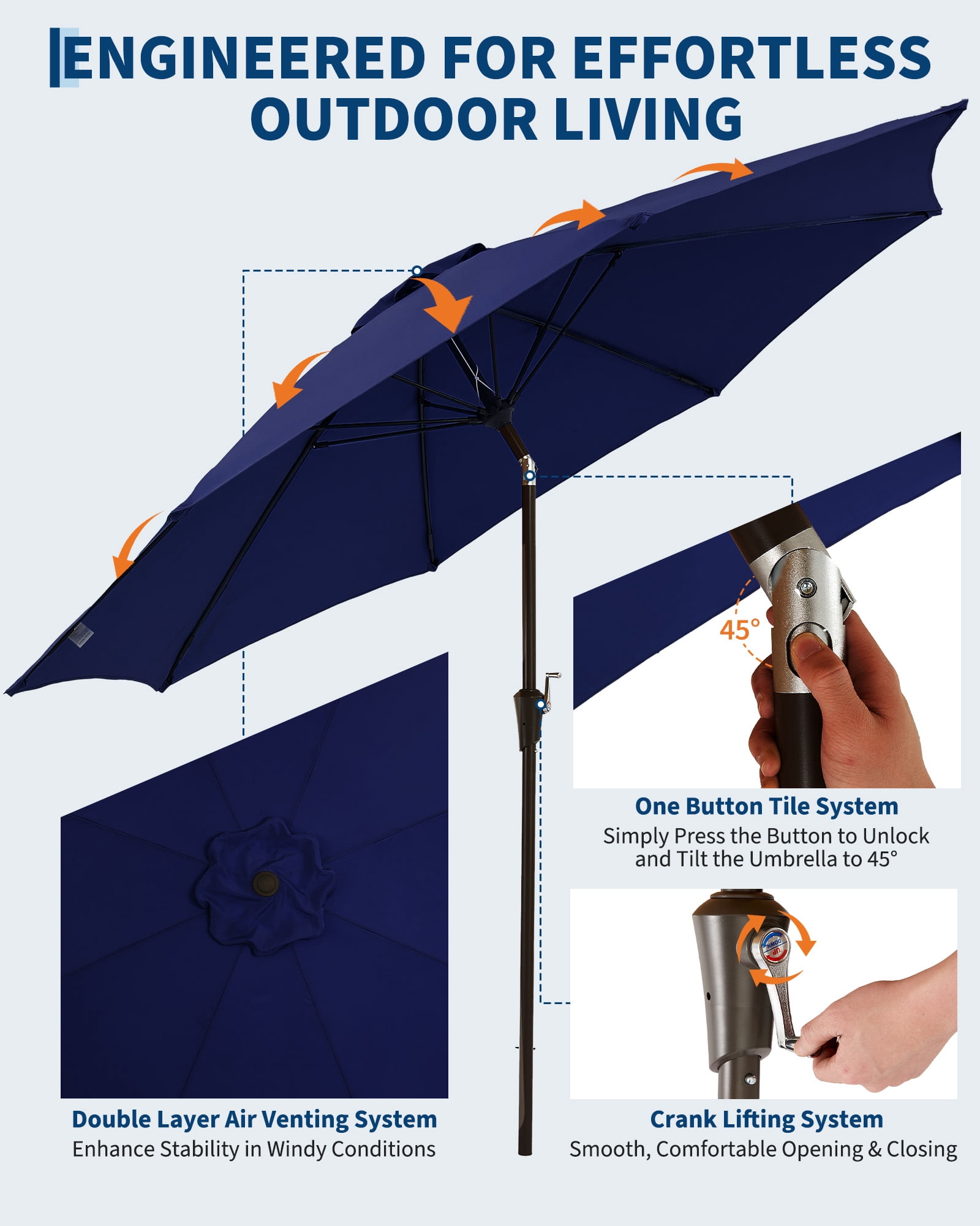 SOLLED 10FT Patio Umbrella with Push Button Tilt & Crank, Outdoor Market Table Umbrella with 8 Ribs for Garden Backyard Deck Pool,Navy Blue