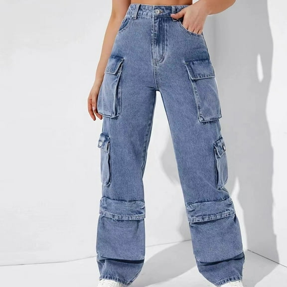 Women's Plus Size Jeans Zipper Multi-bag High-waisted Straight-leg Cargo Trousers Loose Boyfriends Jeans Denim Pants Blue,6