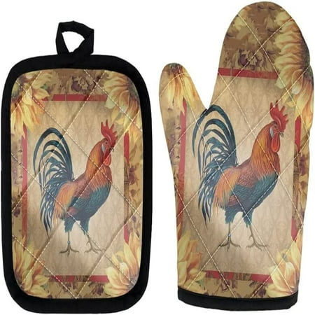 

HUGS IDEA Farmhouse Rooster Oven Mitt Pot Holder Gift Set Vintage Sunflower Cooking Glove Kitchen Potholder for Baking BBQ