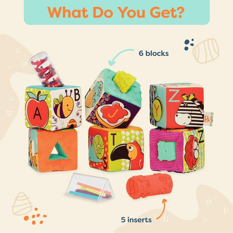 B. Toys Soft Fabric Building Blocks for Toddlers Educational Alphabet Blocks with Textured Shapes Stack Play ABC Blocks for 6 Months