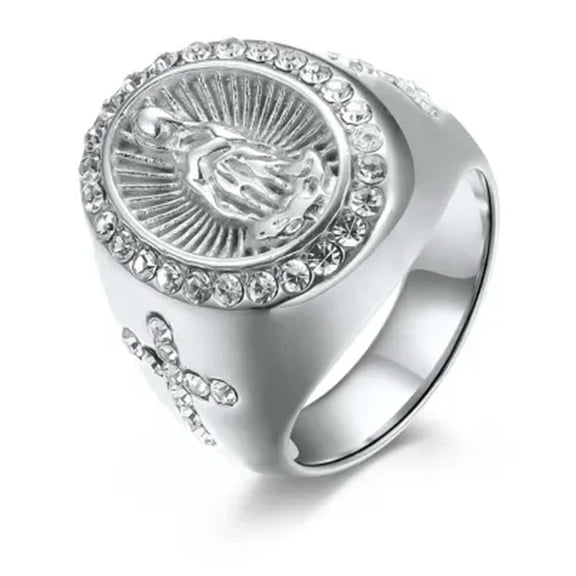 QQTDFG Virgin Mary Ring for Men Women Silver Stainless Steel Band Jewelry Gold Cross-Silver-10