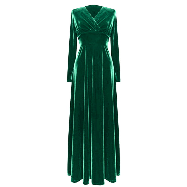 BEEYASO Clearance Dresses for Women V-Neck Long Fashion Evening Gown Solid  Long Sleeve Dress Green 2XL 