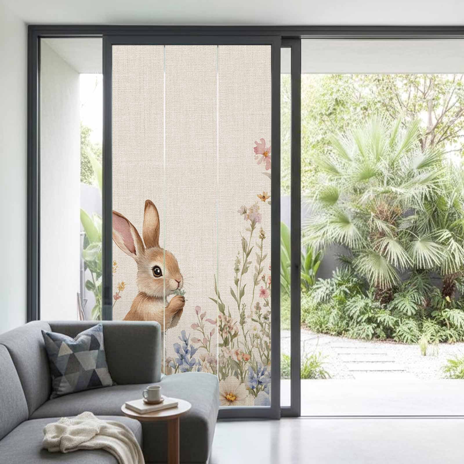 Easter Rabbit Window Privacy Film, Yellow Bunny Spring Colorful Floral Leaf Linen Texture Frosted Glass Window Clings Static Cling Heat Blocking Reusable Door Sticker for Bedroom 35.4x78.7 Inch