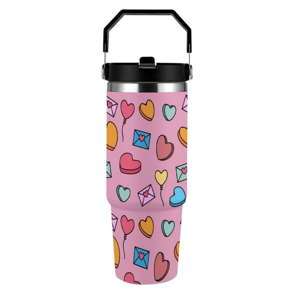 Valentine's Day for Couples Car Cup with Handle Tumbler with Lids and Straws, Insulated Coffee Tumbler, Double Wall Vacuum Insulated Travel Mug Cup, Leakproof Thermal Coffee Cup for Hot Cold Drinks