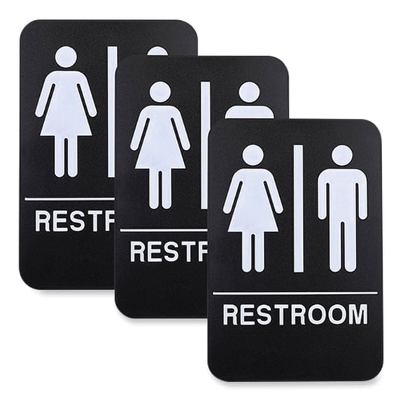 Indoor/Outdoor Restroom with Braille Text, 6" x 9", Black Face, White Graphics, 3/Pack | Bundle of 10 Packs
