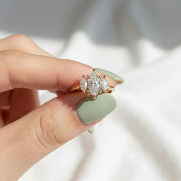 Jewelerix Elegant Moissanite Proposal Gift Ring 14K Yellow Gold Vermeil Engagement Ring Three Marquise Shape Valentine Day Ring for Women's