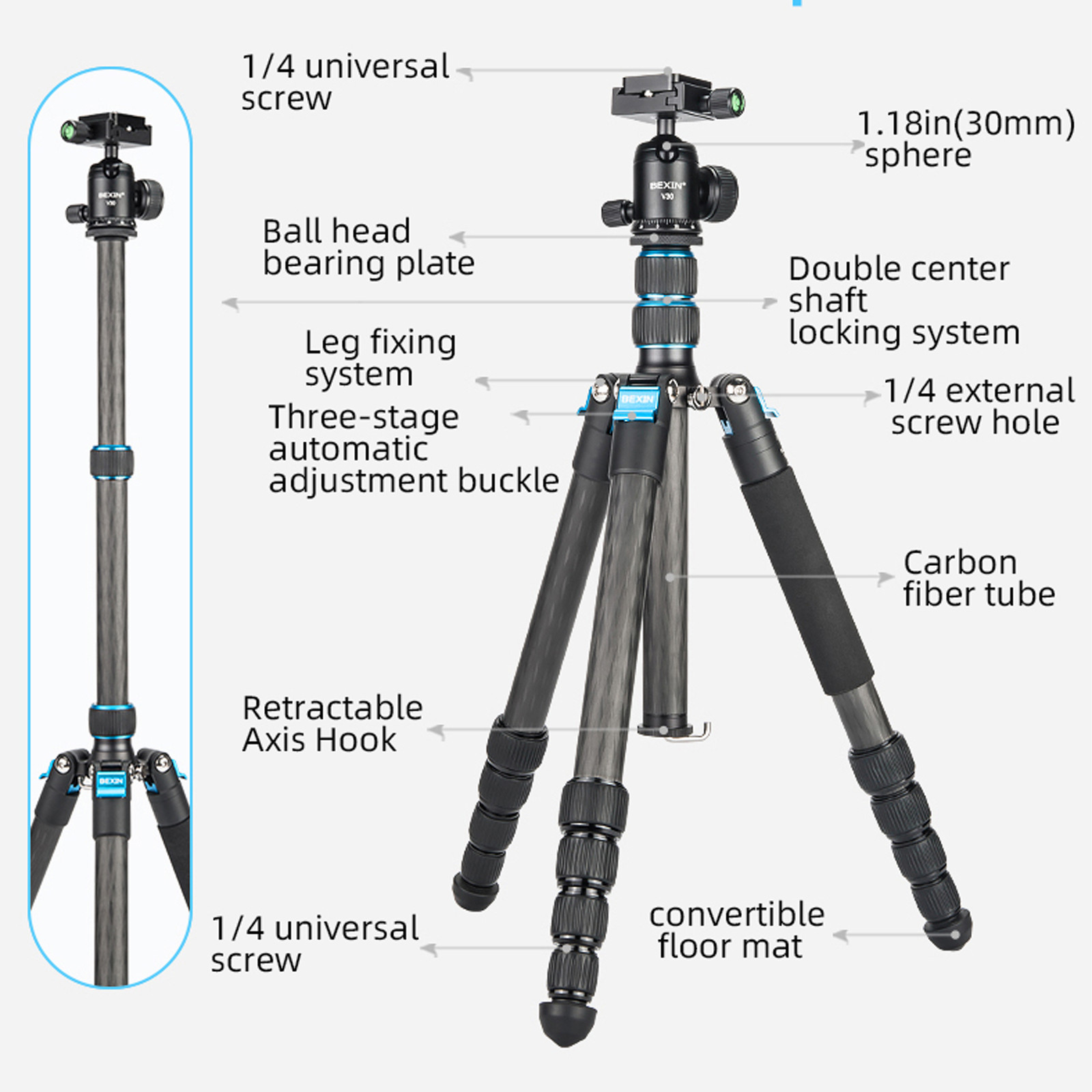 153cm Carbon Fiber Tripod Set with 360° Panoramic Head for DSLR Camera and Smartphone – Portable Travel Tripod with Monopod Conversion & Dual Center Column