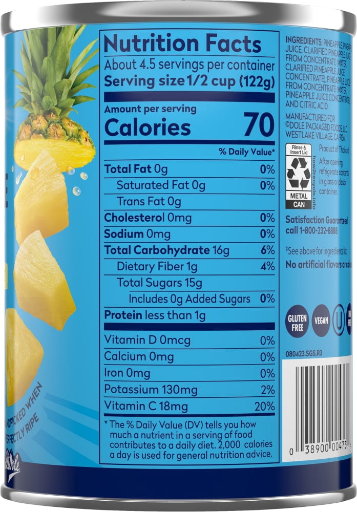 Dole Canned Pineapple Chunks Fruit In 100% Pineapple Juice 20 oz - 5 Pack