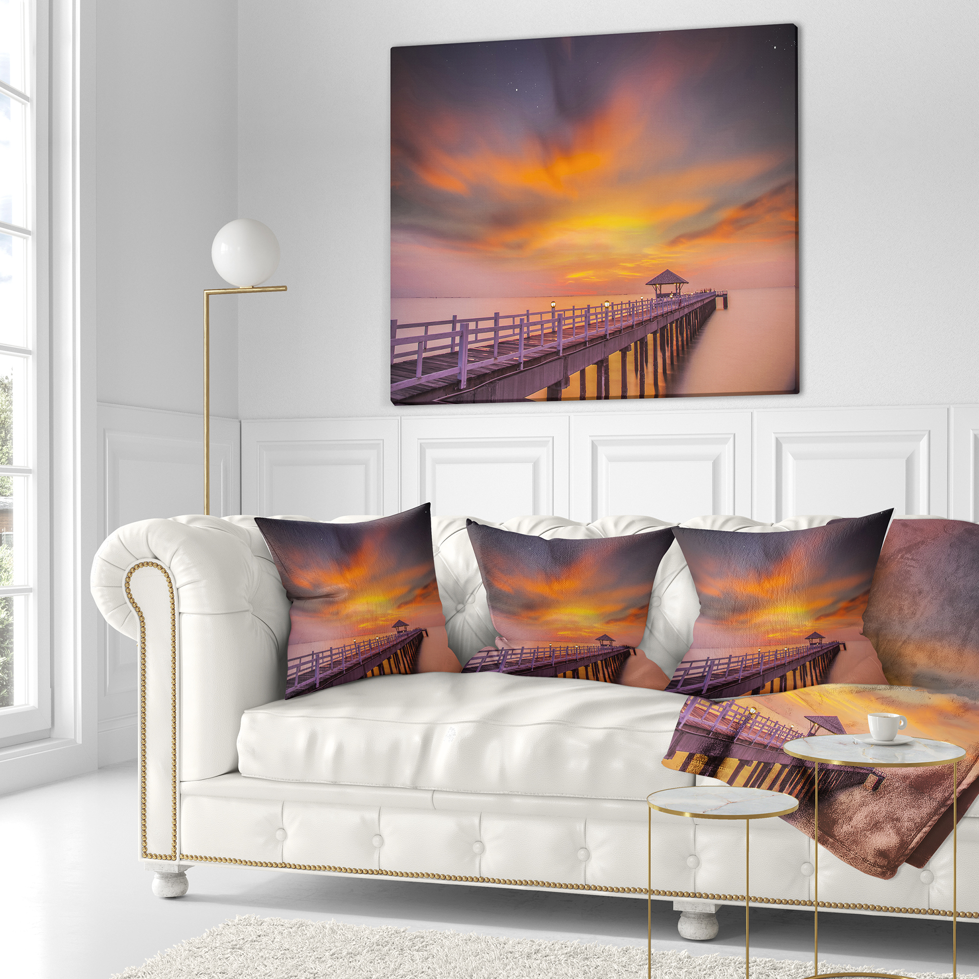 Designart Seashore with Long Wooden Pier - Pier Seascape Throw Pillow - 16x16