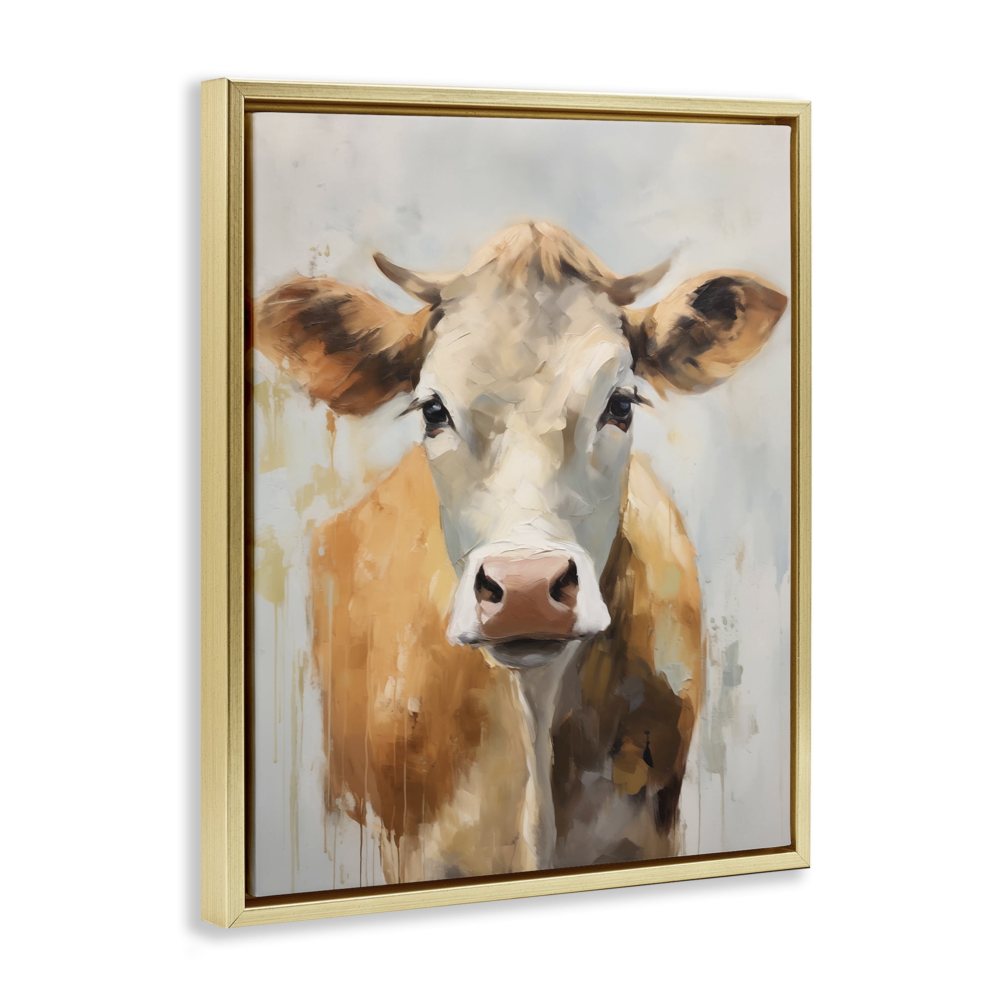 Stupell Industries Paint Drip Jersey Cow Animals Painting Gold Floater Framed Canvas Art Print Wall Art, 17 x 21