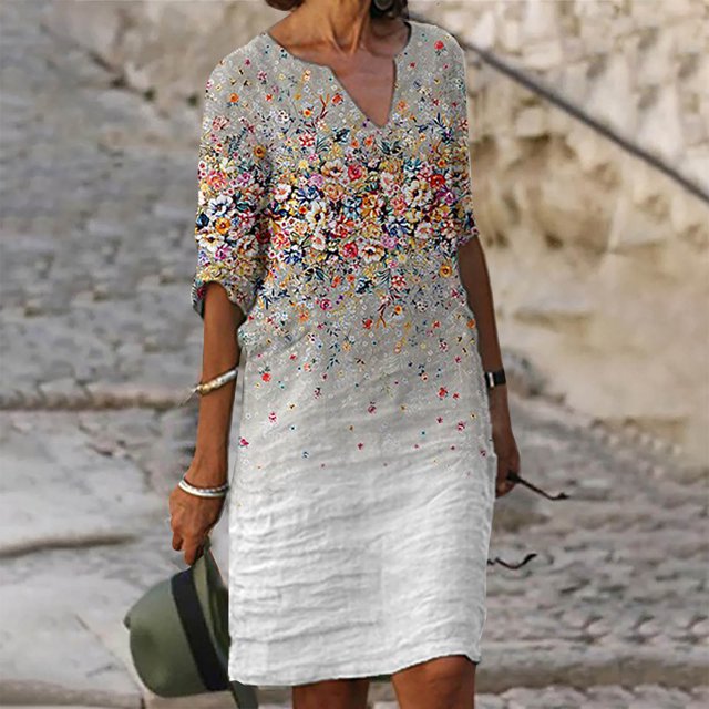 Pntutb Robe de Mode pour Femmes Robe à Manches 3/4 Mode Fleurs Imprimées Taille Robe d'Été Col en V Longueur Genou