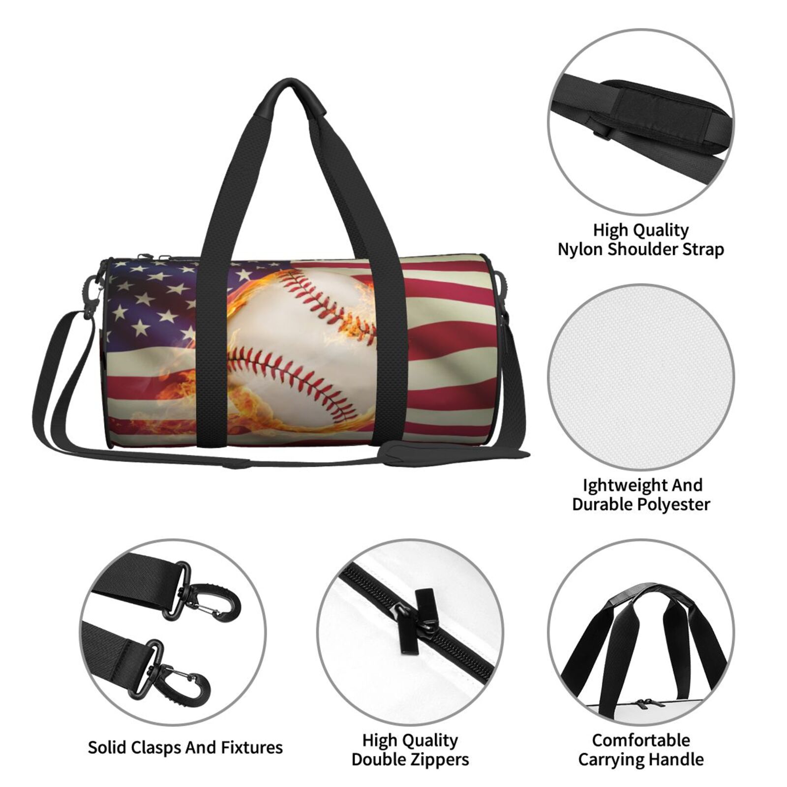 Horeoi Baseball Ball With Flag Print Foldable Travel Duffle Bag with Removable Strap - Water-Resistant Gym Vacation Luggage Multi-Pocket Design