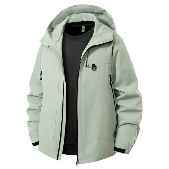 Awdenio Men Jacket Outdoor Solid Color Hiking Pocket Zipper Outerwear Wind-Proof Hooded Jacket
