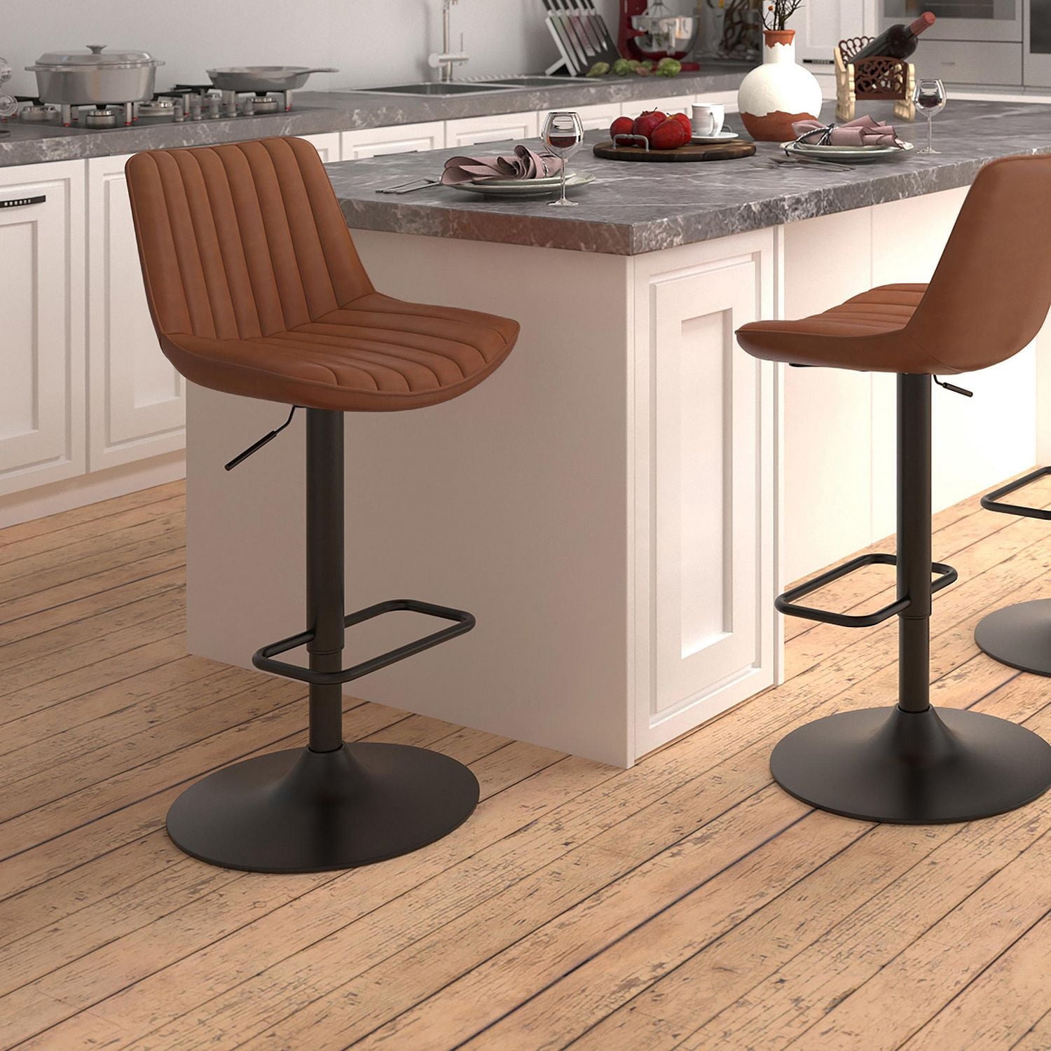Contemporary Faux Leather & Metal Adjustable Air-Lift Stool, Set of 2 - Saddle & Black