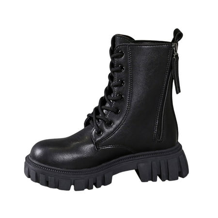

OJSFQUFP Womens Booties Ladies Fashion Solid Leather Lace Up Thick Bottom Double Zipper Short Boots Comfortable Fall Shoes Rubber Boots Black 40