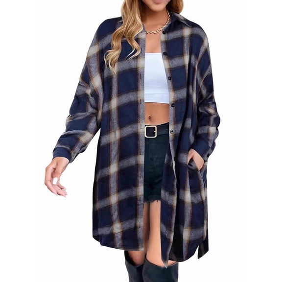 Women'S Button Down Flannel Shirts Plaid Shacket Long Sleeve Collared Long Jacket Coats Gray Blue Checkered S