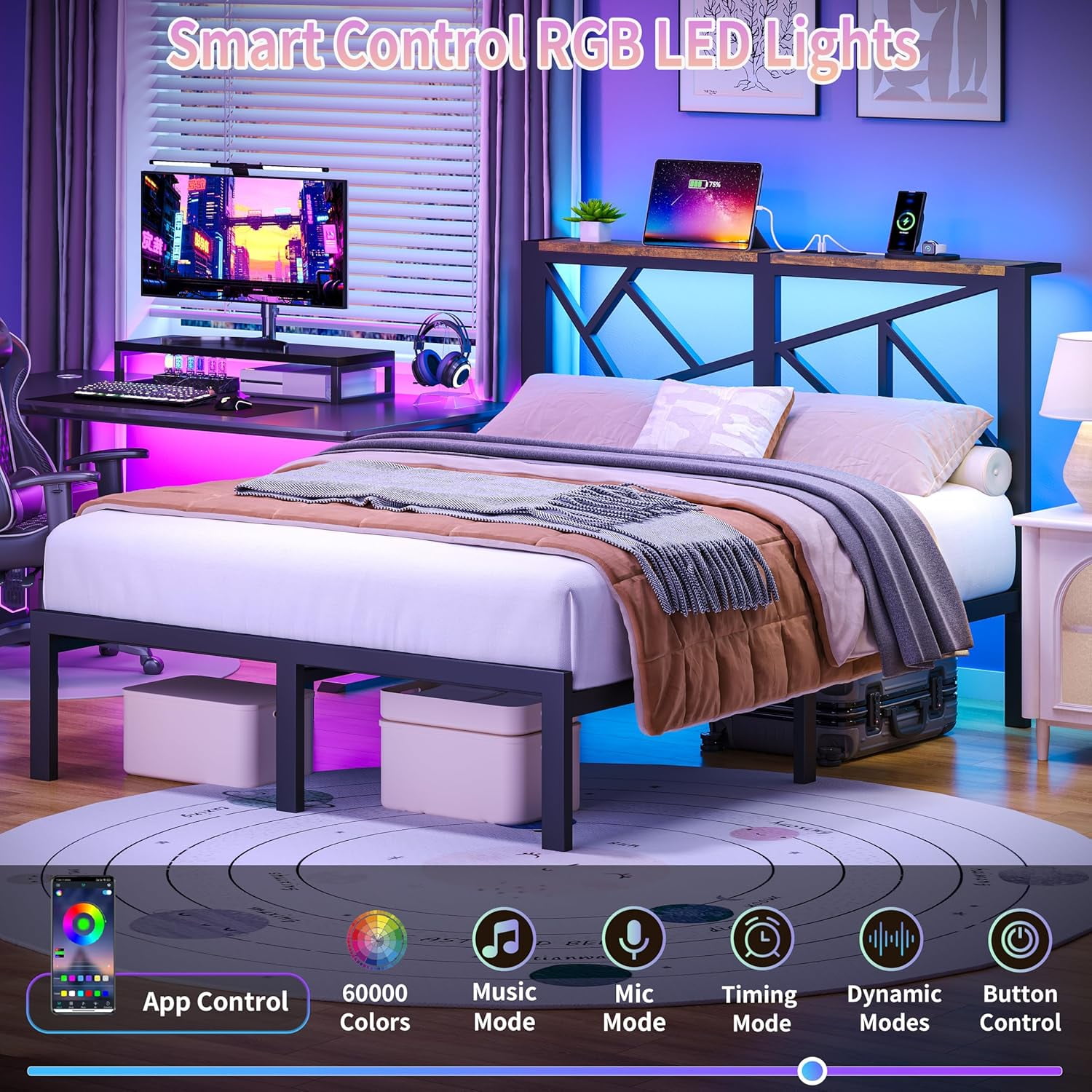 ChicZhiNest Full Size Bed Frame with Wooden Storage Headboard & LED Lighting, USB Charging Station, Stable Metal Bed Frame, Noise Free Design, Black