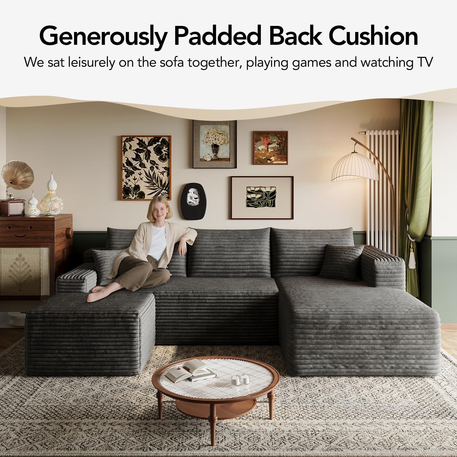 103" Cloud Sectional Sofa, Modern L Shaped Deep Seat Couch, Plush Corduroy Upholstered Sofa No Assembly, Living Room