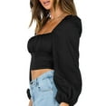 thumbnail image 6 of Genuiskids Women Puff Long Sleeve Square Neck Frill Smock Crop Top Slim Fit Shirred Bardot Blouse T-Shirt, 6 of 9