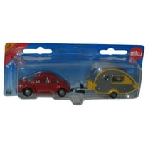 Siku Super Red Volkswagen New Beetle Toy Car w/ Yellow & Gray Camper Trailer Toy #1629