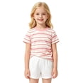 thumbnail image 2 of Kids Striped Short Sleeve T-Shirt Embroidered Letter Crew Neck Tee Classic Horizontal Stripe Summer Casual Basic Top for Boys Girls(Pink,1-2 Years), 2 of 4