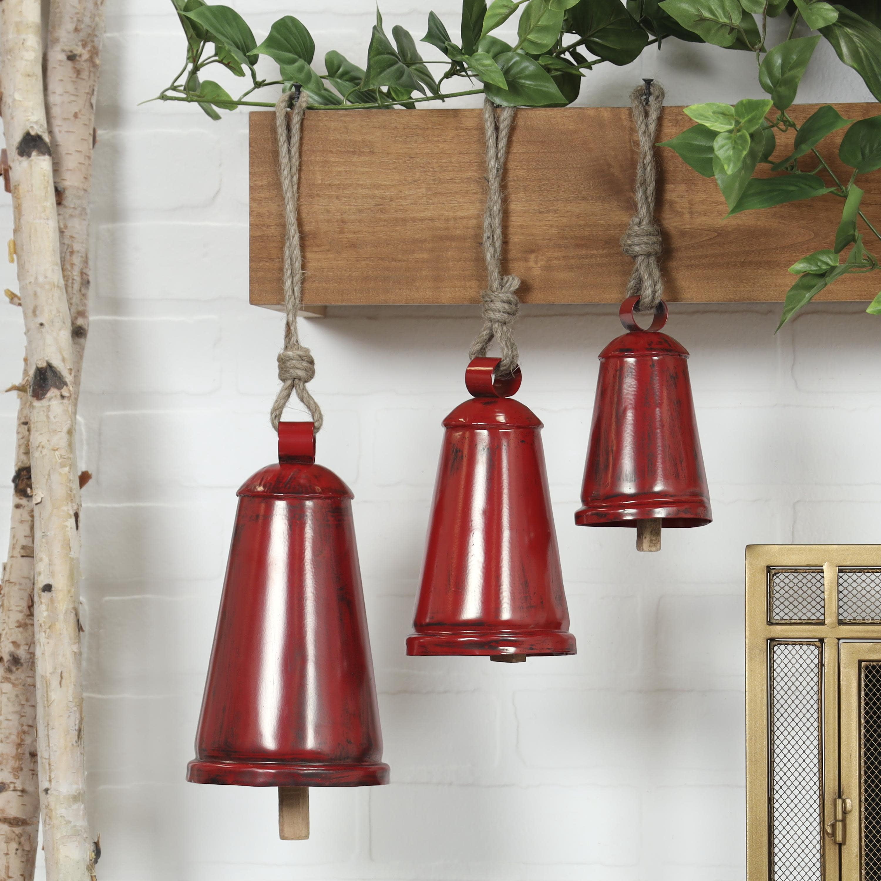 DecMode Tibetan Inspired Red Metal Narrow Cone Decorative Cow Bells with Jute Hanging Rope, 3 Count