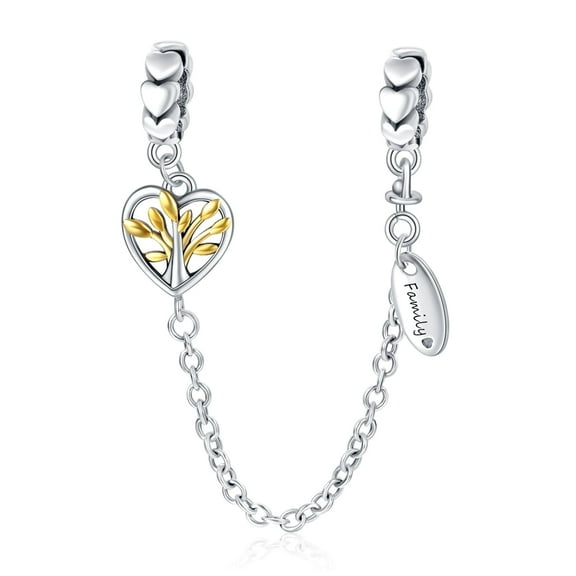 925 Sterling Silver Safety Chain Two Tone Tree of Life Family Engraving for Women Charm Bracelet