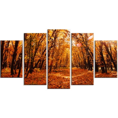 Design Art Yellow Falling Leaves In Forest 5 Piece Photographic Print On Wrapped Canvas Set Walmart Com Walmart Com