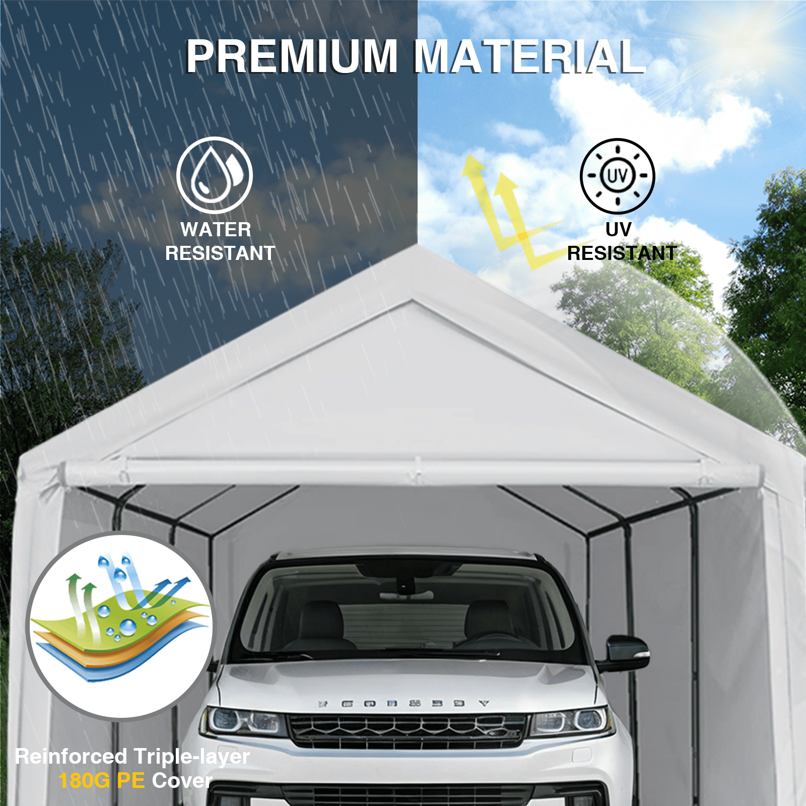 Gaildon W10xL20Ft Heavy Duty Steel Carport Portable Garage with Removable Sidewalls, Waterproof&Anti-Sunburn&Adjustable Height,White
