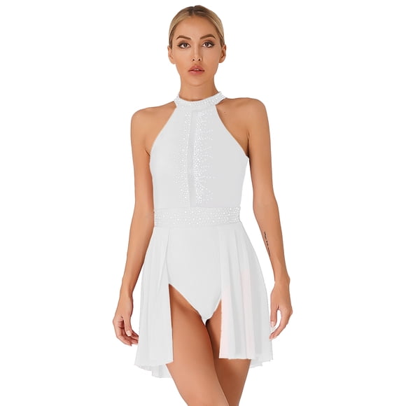 Riismen Robe de Danse Lyrique Pailletée pour Femmes Col Halter Ballet Vêtements de Danse Fluides Patinage Artistique Justaucorps 01WH TG