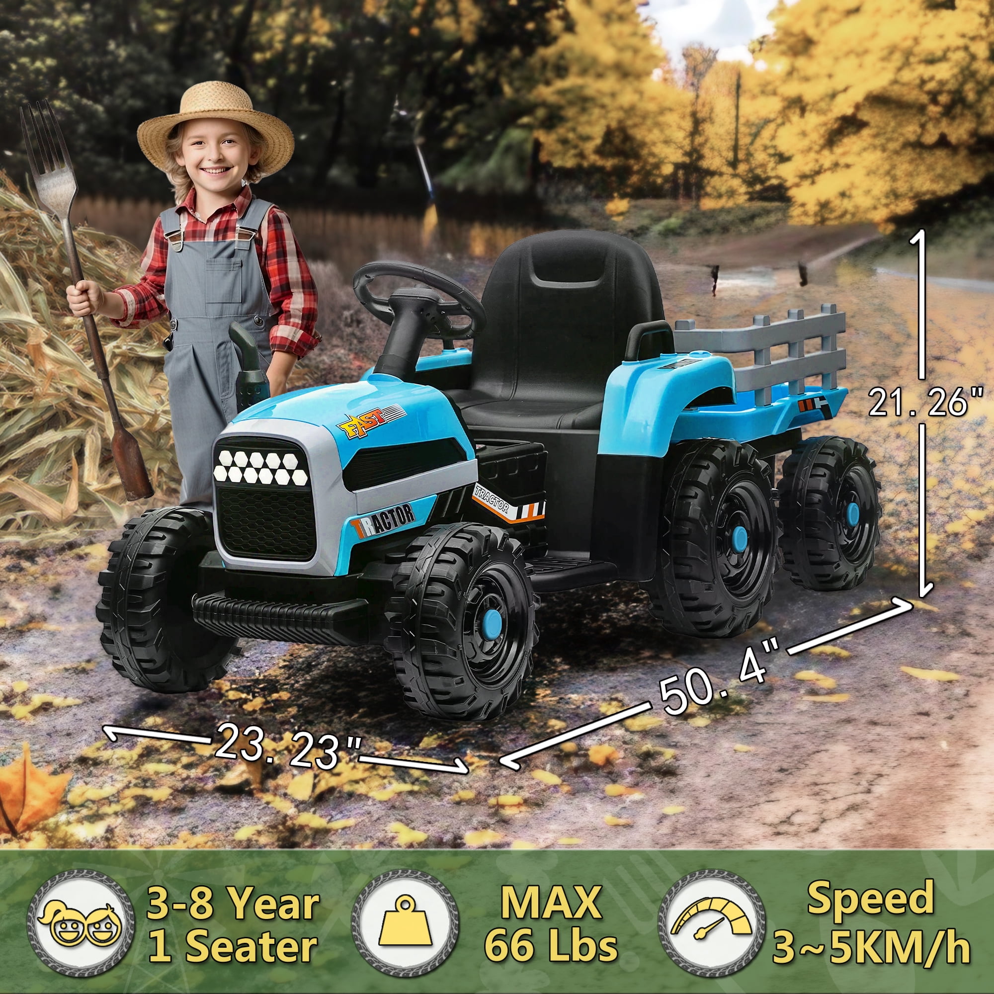 Xuanlur 24V Ride on Tractor with Remote Control, 24V Ride on Toy for Big Kids 3+, Kids Electric Vehicles Power Car Wheels with 400W Motor, USB, LED light, Bluetooth, 3 Speed Adjustable (Orange)