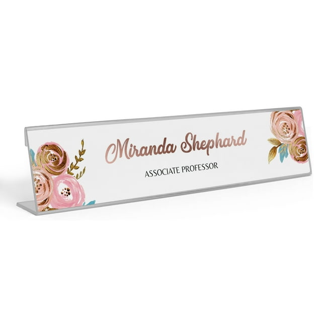Printtoo Personalized Desk Name Plate Pretty Pink Gold Watercolour Flower Custom Acrylic Office Desk Name Plate Accessory 2x8 Inches