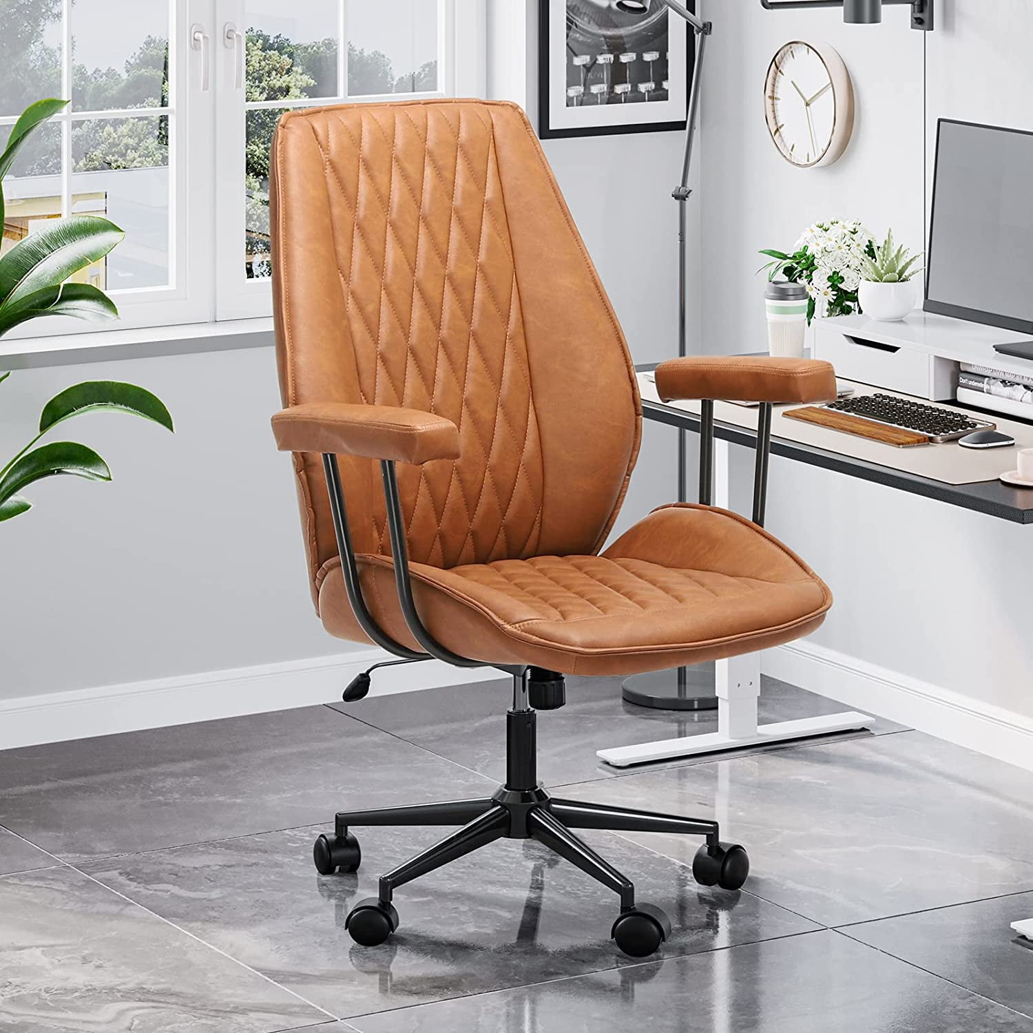 Brown Home Office Chair Mid Back Leather Computer Desk Chair with