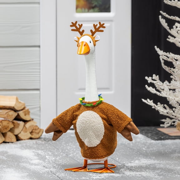 Evergreen Porch Goose Outfit for Giddy the Goose, Reindeer Decorative Clothes Costume for 21" Garden Geesse Statues, Seasonal Home Dcor