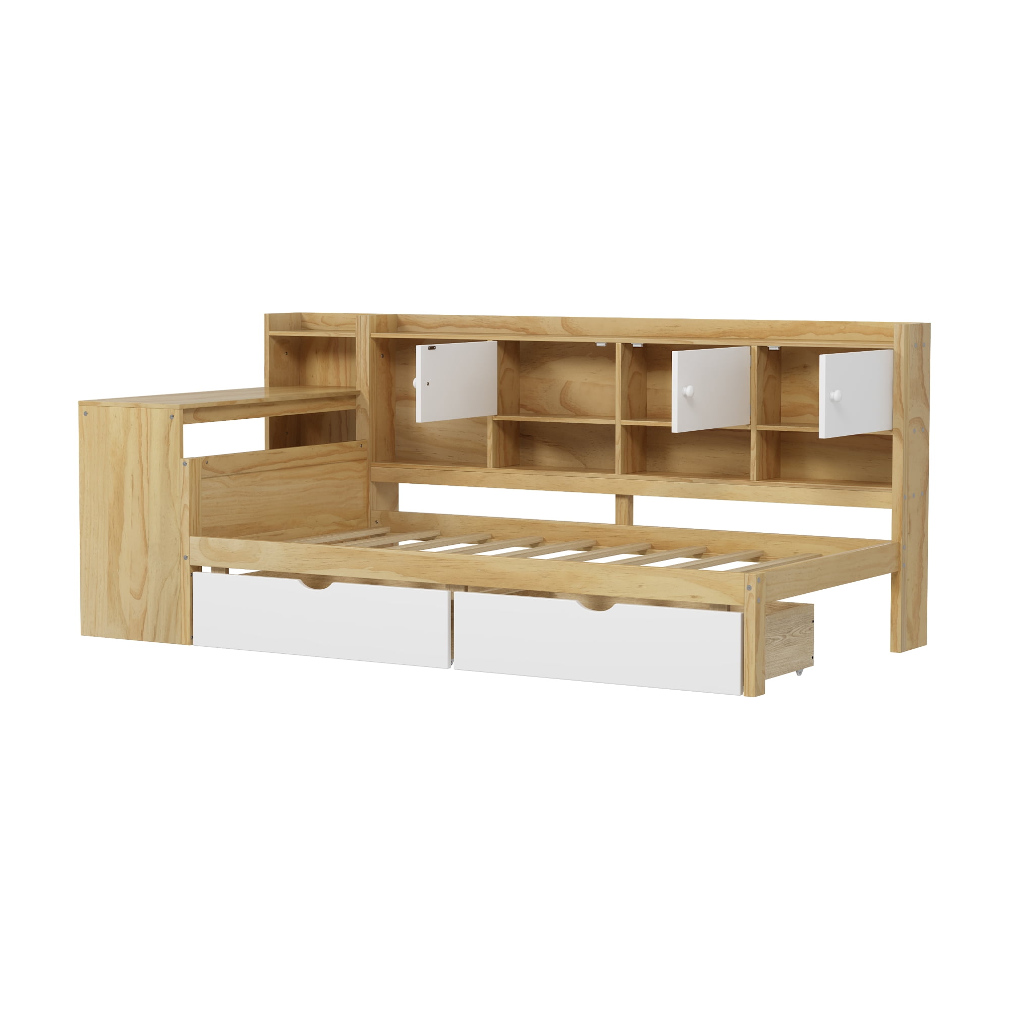 Leumius Wooden Twin Size Corner Bed Frame with Seven Storage Cabinets and Two Storage Drawers,Multi-functional Daybed with Study Desk and Built-in Bookshelf, Natural+White