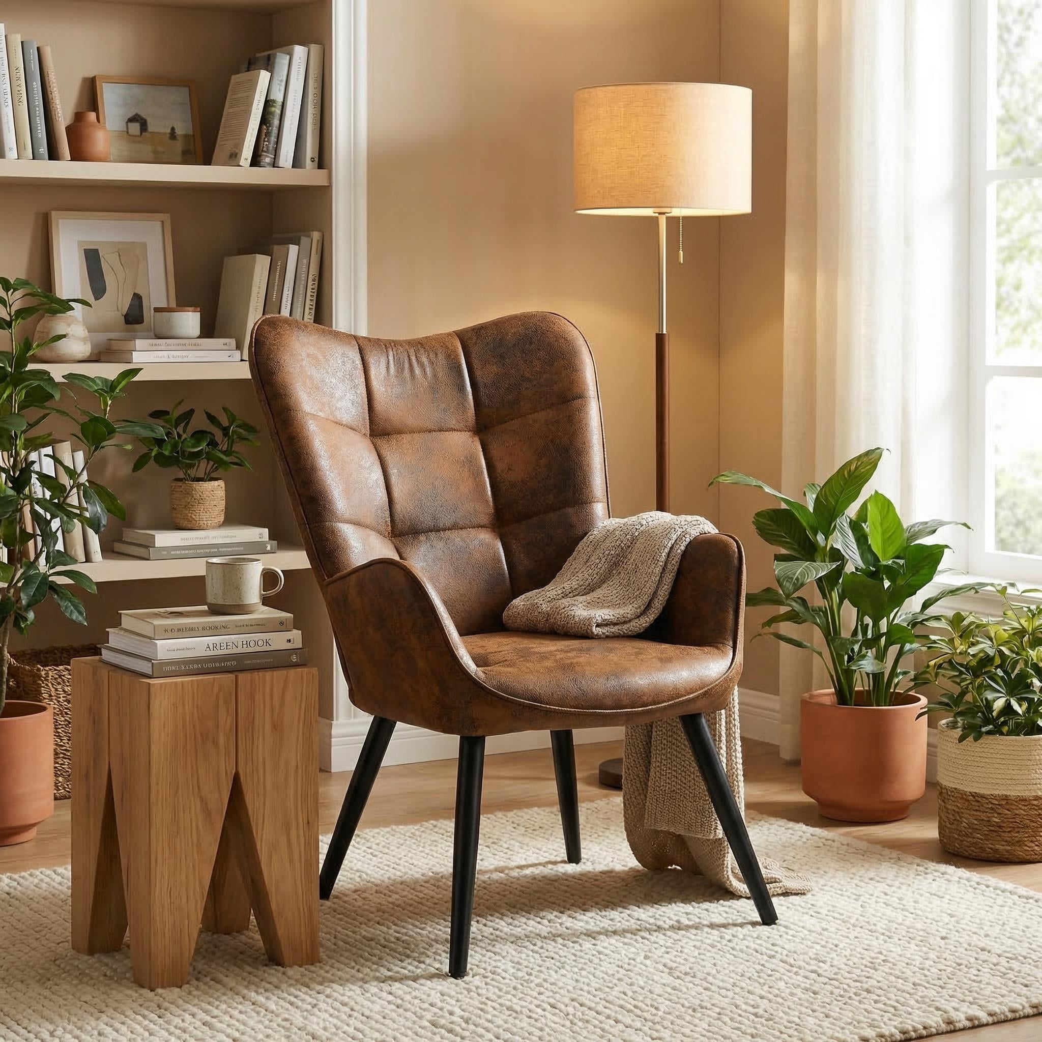 Homy Casa Accent Chair with Arms, Mid Century Lounge Chair for Living Room, Brown Faux Suede