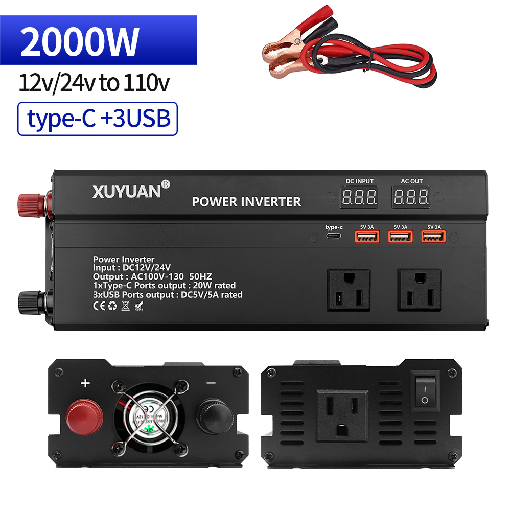 JahyElec 2000W Pure Sine Wave Power Inverter Universal DC 12V/24V to AC 110V 2-in-1 with LED Display 1Type-C 3 USB Ports