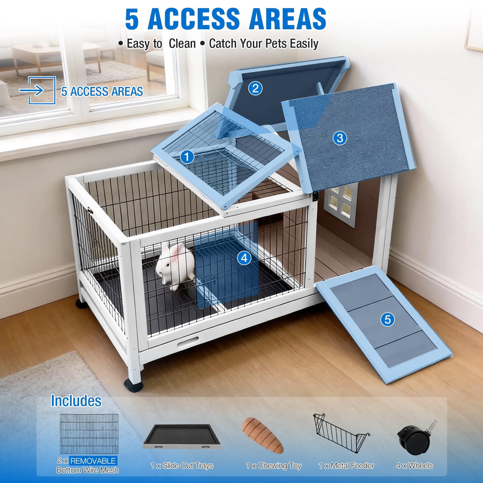 Suumerpety Rabbit Hutch Indoor Rabbit Cage Outdoor Bunny House with Wheels,No Leak Pull Out Tray